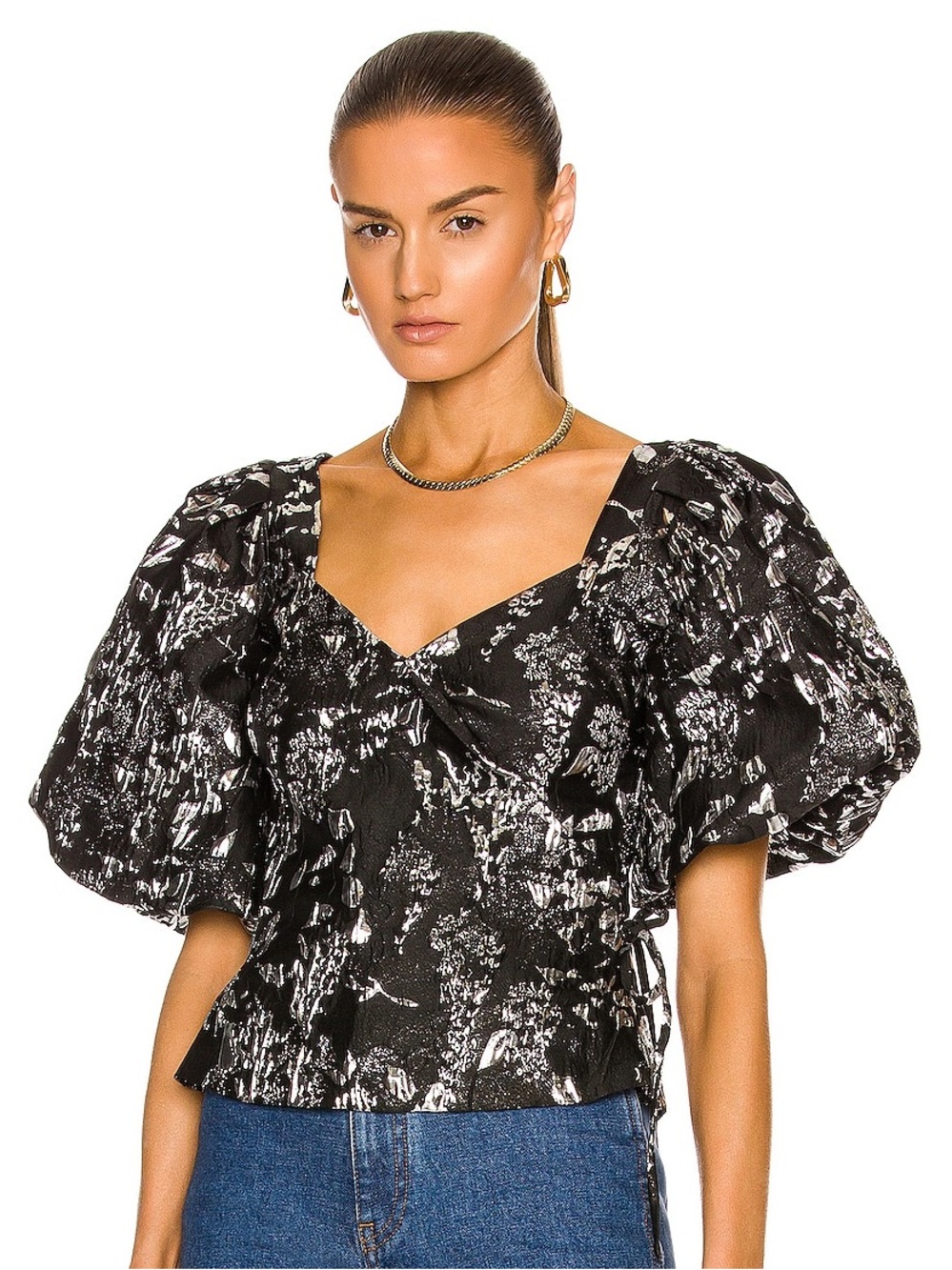 Johnathan Simkhai - Taylor Black Puff-Sleeve Floral-Print V-Neck Cocktail Blouse